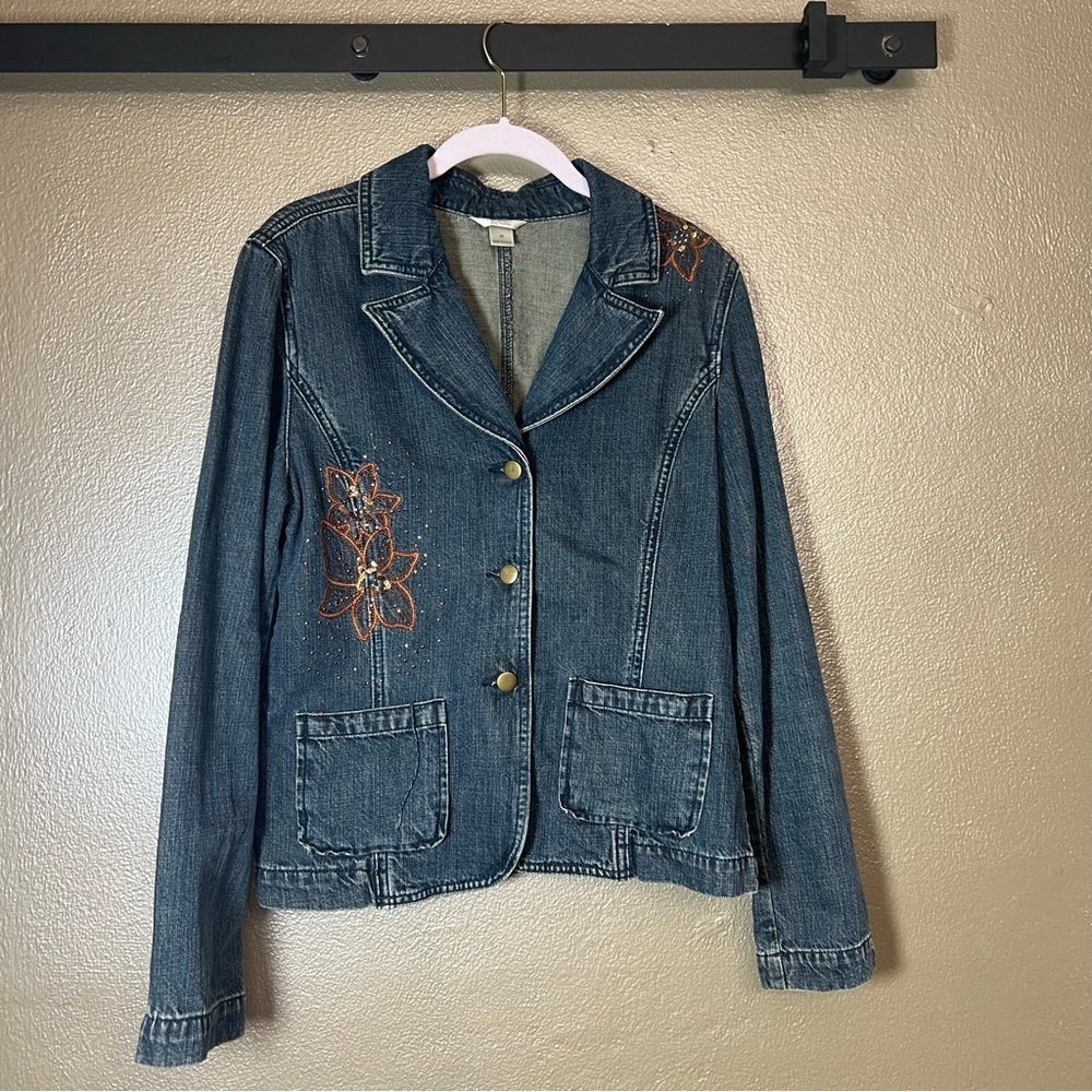 Christopher & Banks Blue Denim Jacket with Floral Accents - Picture 2 of 12